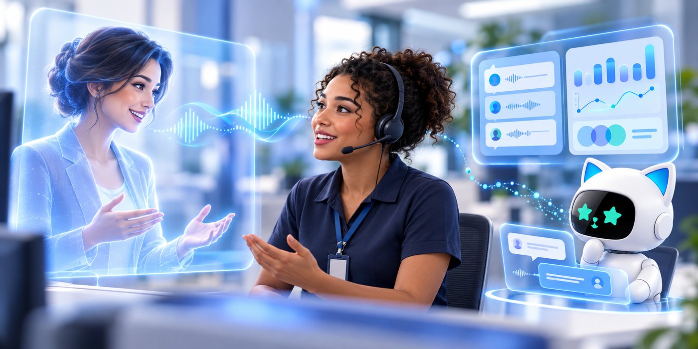A contact center rep talking with an AI avatar interviewer, with insights and the DryRunZ mascot beside her